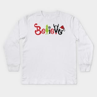 Believe Grinnch Funny Christmas Gift Santa Claus Hat Kids Long Sleeve T-Shirt